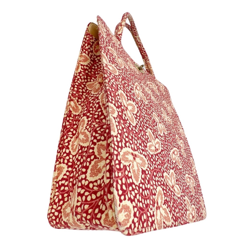 Vintage Tote Bag Margaret Smith Mid Century Modern Red Tan Clasp Floral Leaves